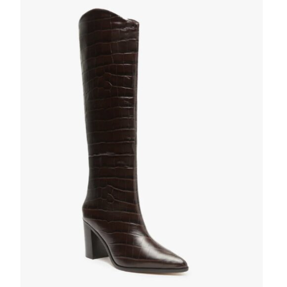Schutz Maryana Crocodile Embossed Leather Wide Block Boots Dark Brown Sz 9 NWB - Picture 4 of 12